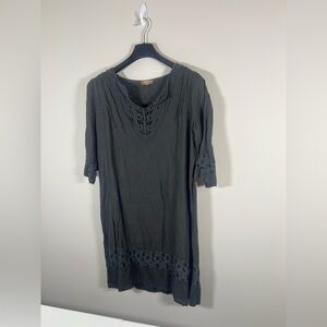 Carla Conti 100% Linen Midi Dress Size CS Dark Grey Color Eyelet And Lace Detail